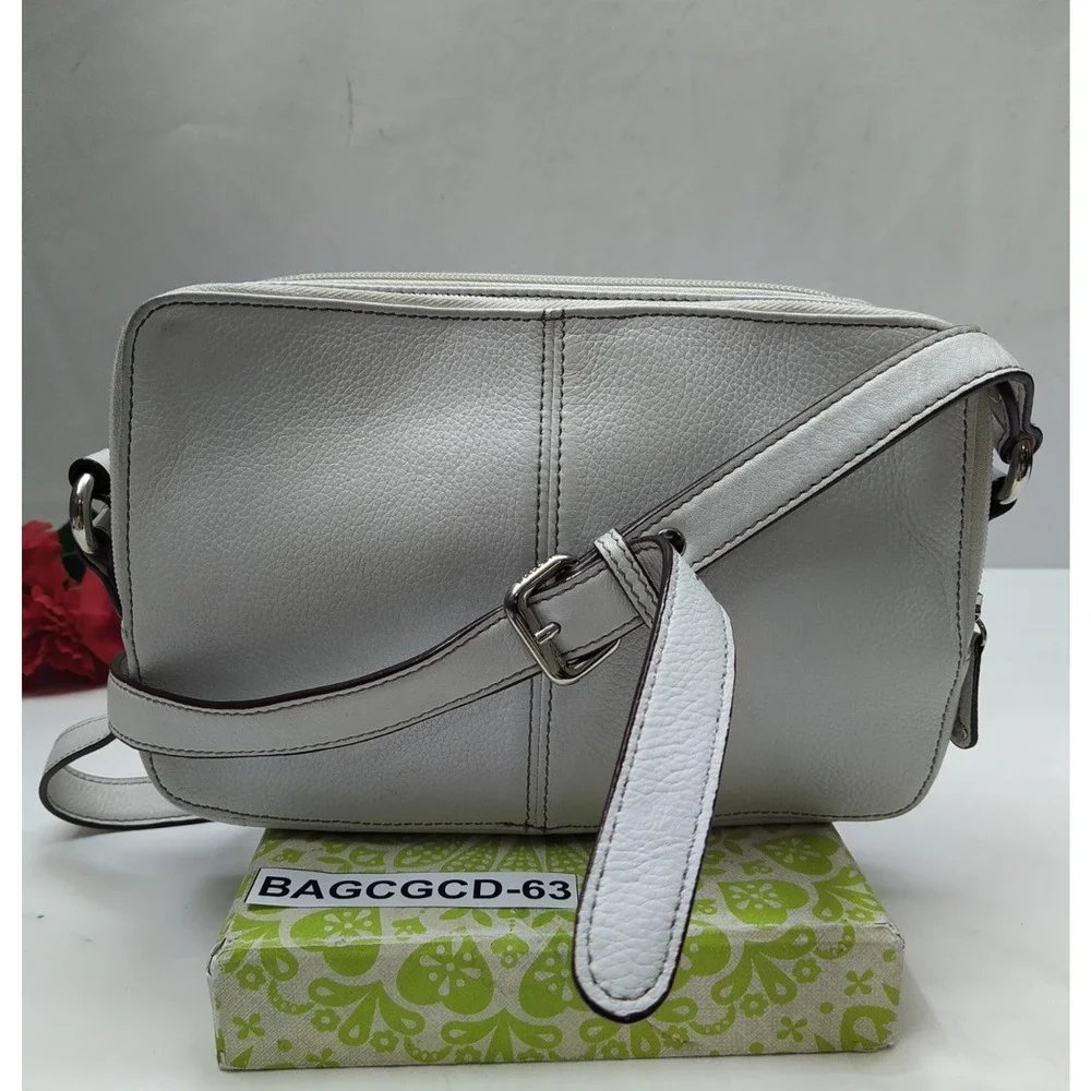 Tignanello White Leather Double Zippers Pockets Crossbody Bag